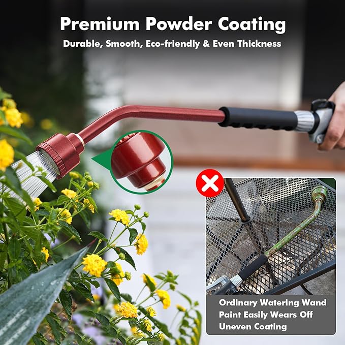 RESTMO Heavy Duty Full Metal Long Watering Wand, 24 Inches Gentle Soft Full Shower Sprayer Wand with Flow Control, Hose Wand for Hanging Baskets, Shrubs, Plants, Flowers, Garden and Lawn, Red