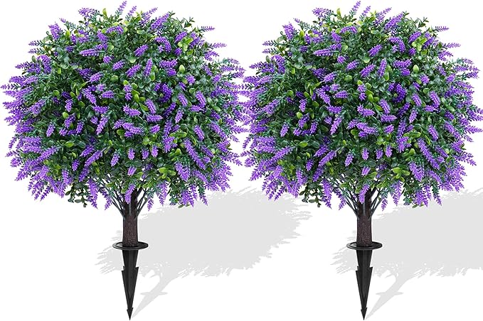 Artificial Lavender Topiary Ball Trees with Ground Spike, Set of 2 UV Resistant Artificial Shrubs, Fake Evergreen Artificial Plant Bush for Indoor Outdoor Front Porch Garden