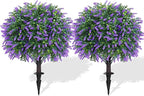 Artificial Lavender Topiary Ball Trees with Ground Spike, Set of 2 UV Resistant Artificial Shrubs, Fake Evergreen Artificial Plant Bush for Indoor Outdoor Front Porch Garden