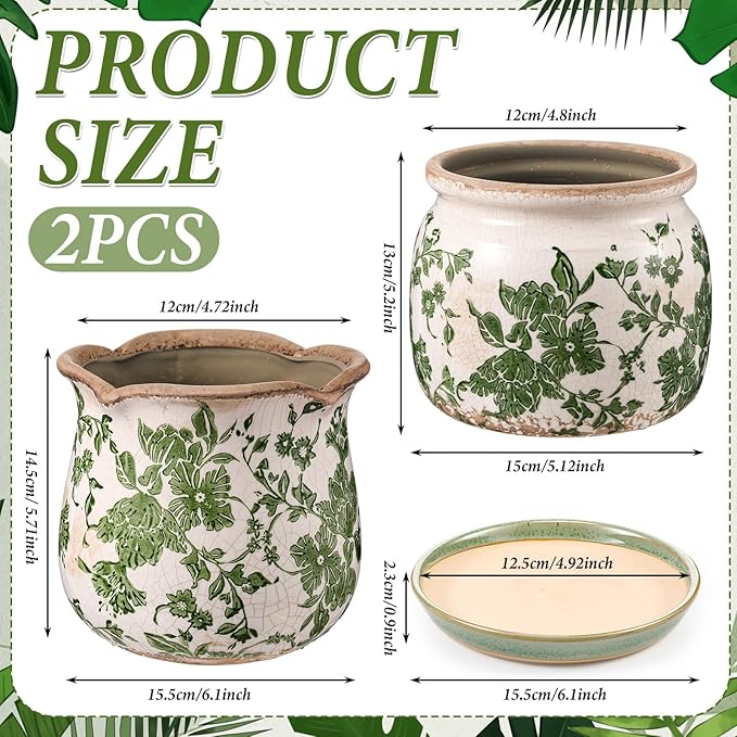 2 Set Vintage Ceramic Planters, 6 Inch Beige Green Crackle Glaze Flower Pots with Drainage Saucers, Vintage Style Green Floral Plant Pot for Indoor Plants, Home Decor Gift