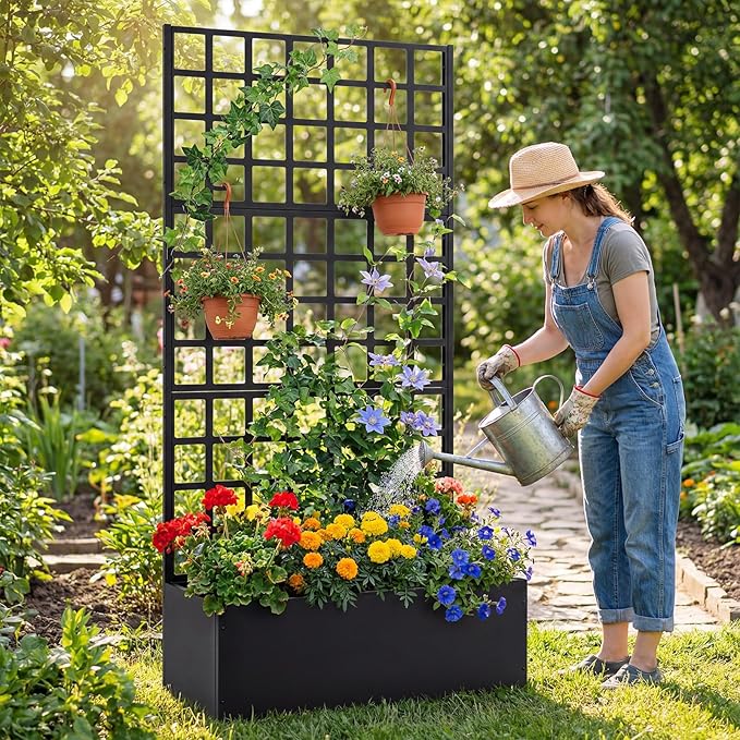 Giantex 2 Pack Metal Raised Garden Bed with Trellis, 36" x 16" x 77" Galvanized Planter Box w/Drainage Holes for Climbing Plants Vegetables Flowers, Outdoor Privacy Screen for Patio Backyard Balcony