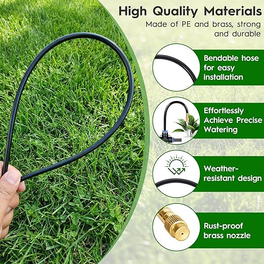 100Ft 360° Adjustable Drip Irrigation System Kit, 1/4 Inch PE Tubing with 20 Bendable Nozzles, Automatic Garden Watering System for Greenhouse, Lawn, Raised Bed, Flower Bed