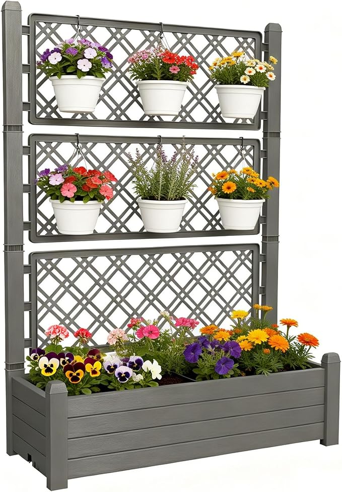 5' Tall Raised Garden Bed with Trellis, Self Watering Planter Box for Outdoor Climbing Plants Resin Garden Lattice for Vegetables, Flowers, Tomato & Vine with Drainage Holes (Coffee, 1 PC)
