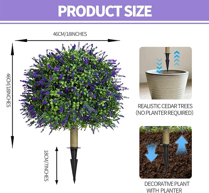 23" Set of 2 Artificial Lavender Topiary Trees for Outdoor with Ground Spike, UV Resistant Faux Boxwood Ball Plants, Fake Boxwood Plants for Indoor,Porch,Patio,Lawn Front Door Décor