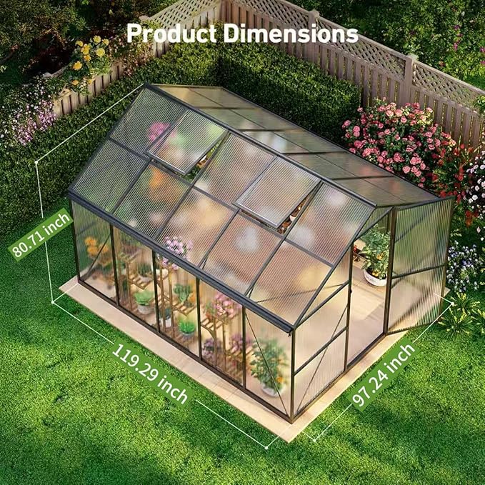 8x10FT Greenhouse Kits with Hygrometer, Polycarbonate Green Houses for Outside Heavy Duty with Aluminum Frame, Walk in Greenhouses with Drainage Channel Roof Vent for Backyard or Garden Use