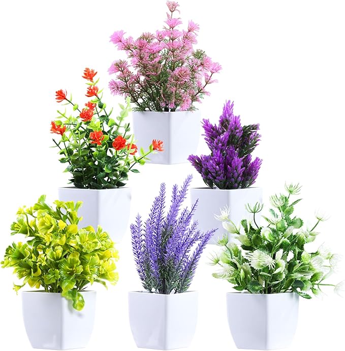 Clearain 6 Pack Fake Plants Mini Artificial Greenery Potted Plants for Home Decor Indoor Office Table Room Farmhouse Bathroom Decor (Mixed Color)