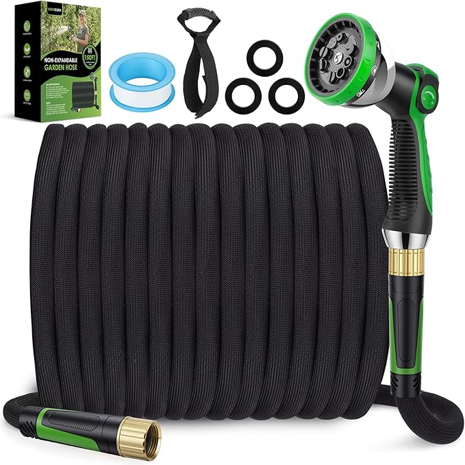 Non-Expanding Garden Hose 150 ft, Lightweight Hose & Flexible Water Hose With 10-Pattern Spray Nozzle, Kink-Free Design, Durable Leakproof Yard Outdoor Hose, Portable Storage Strap, 150 Feet