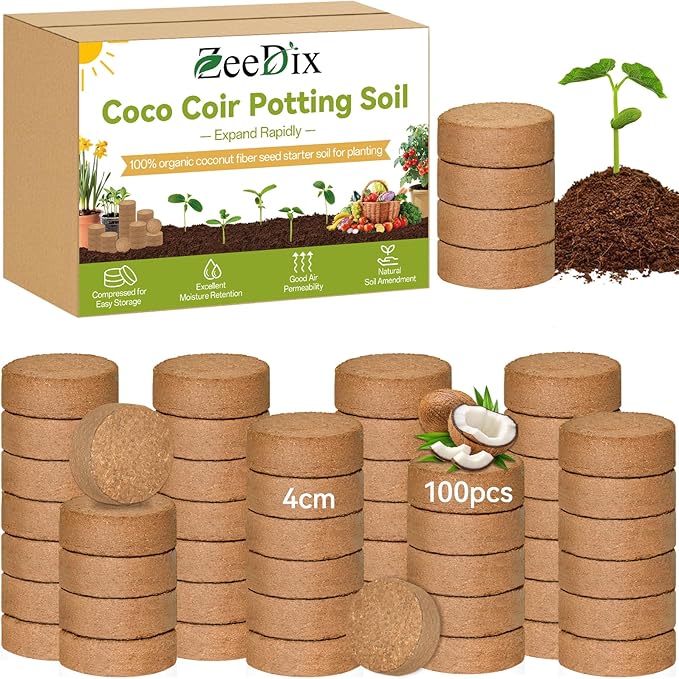 ZeeDix 100 Pack 40mm Organic Coco Coir Seed Starter Pellets, Compressed Coconut Fiber Seed Starter Soil Discs Potting Soil Mix for Indoor Outdoor Plants, Herbs Houseplants Bonsai Vegetables Flowers