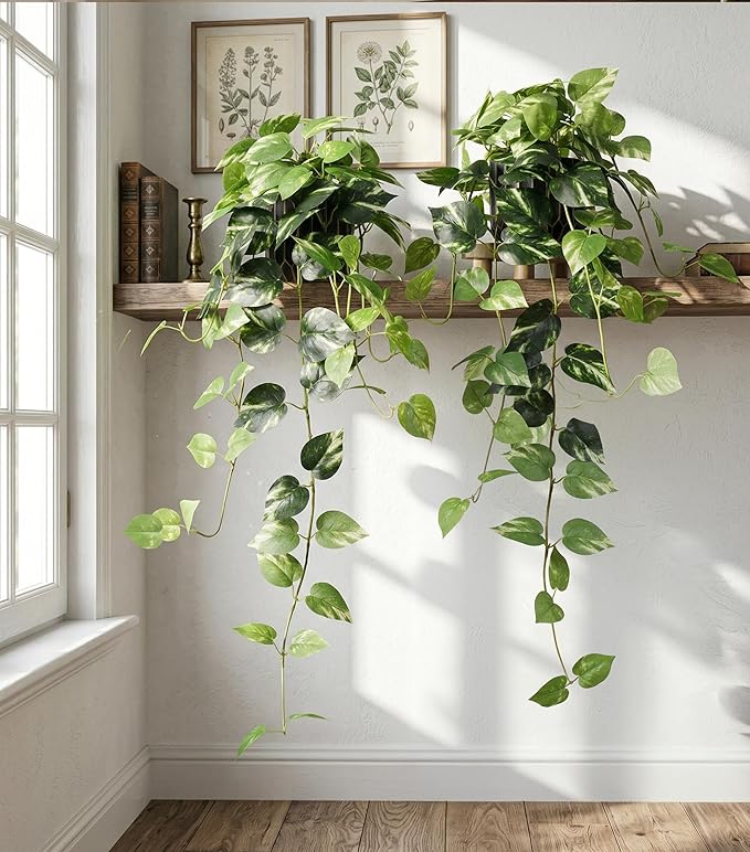 Fake Plants 2 Pcs Faux Pothos Plants Potted Indoor Artificial Hanging Plants Realistic Fake Greenery Table Desk Bathroom Office Bedroom Living Room Shelf Modern Farmhouse Decor Outdoor