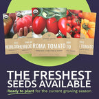 Organic Tomato Seeds Variety Pack - 5 Individual Packs - 2026 Season - Roma, Pink Brandywine, Sweetie Cherry, Black Krim & Pineapple. for Indoor & Outdoor Planting (Non-GMO, Certified Organic)