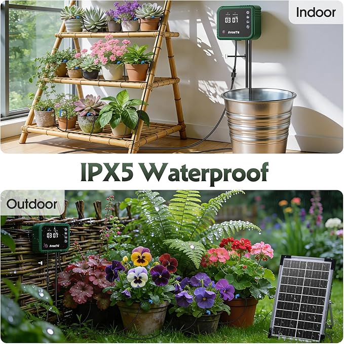 8W Solar Drip Irrigation System for Gardens, DIY Automatic Drip Kit, Supports Watering 30 Pots, Includes 35m Drip Hose and 30 Emitters Suitable for Gardens/Greenhouses/Outdoor Irrigation Timer