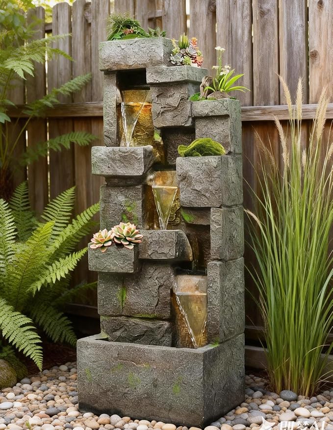 41.7" Outdoor Water Fountains 3 Tier Modern Floor-Standing Fountain with LED Lights and Pump Outdoor Rock Waterfall Fountain for Garden, Yard, Porch, Patio, Home Decor, Yellow