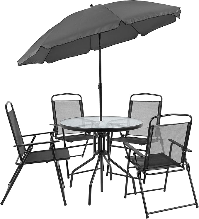 EMMA + OLIVER 6 Piece Black Patio Garden Set with Umbrella Table and Set of 4 Folding Chairs