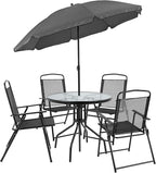 EMMA + OLIVER 6 Piece Black Patio Garden Set with Umbrella Table and Set of 4 Folding Chairs
