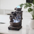 Indoor Tabletop Fountain with 4-Tier Stone Bowls, Rolling Crystal Ball & LED Lights – Tranquil Waterfall Decor for Home, Office or Zen Space (23066)
