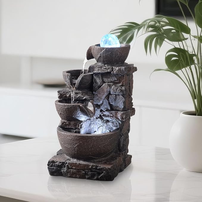 Indoor Tabletop Fountain with 4-Tier Stone Bowls, Rolling Crystal Ball & LED Lights – Tranquil Waterfall Decor for Home, Office or Zen Space (23066)
