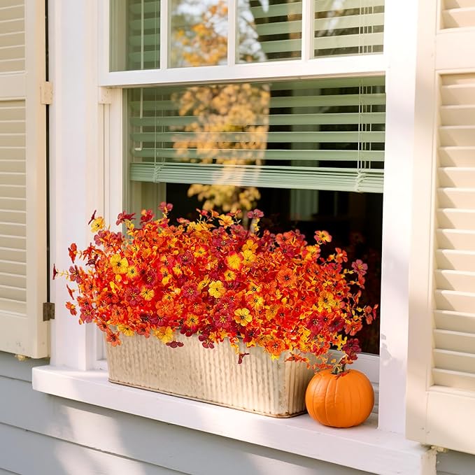 INXUGAO Artificial Fake Mums Fall Flowers for Outdoor Outside Decoration 12 Bundles Faux Silk Flowers Plants Realistic Daisy UV Resistant Fall Décor Autumn Front Door Porch Patio Yard Decoration