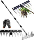 Iron Weed Rake with 71" Adjustable Long Handle, 8 Teeth Manual Weed Remover Tool Heavy Duty Garden Weed Puller with Gloves for Yard, Lawn, Garden