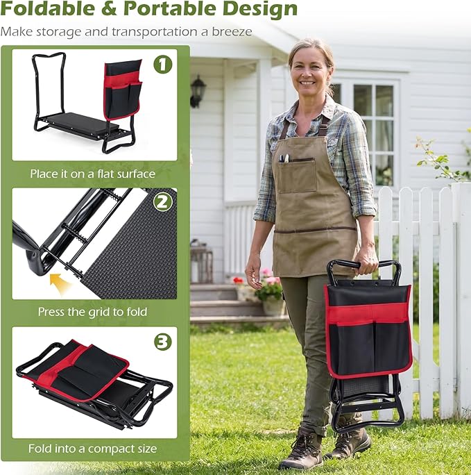 2-in-1 Garden Kneeler and Seat, Folding Garden Seat w/EVA Foam Kneeling Pad & Removable Tools Pouch, Sturdy Steel Frame, No Assembly, Portable Heavy Duty Garden Stool for Women Men Seniors