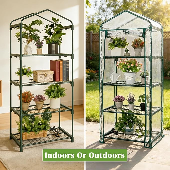 Mini Greenhouse for Indoor Outdoor, Small Plants Green House with 4 Tier Shelves, Portable Plastic Greenhouses with Transparent PVC Cover for Garden Backyard Patio Balcony Porch