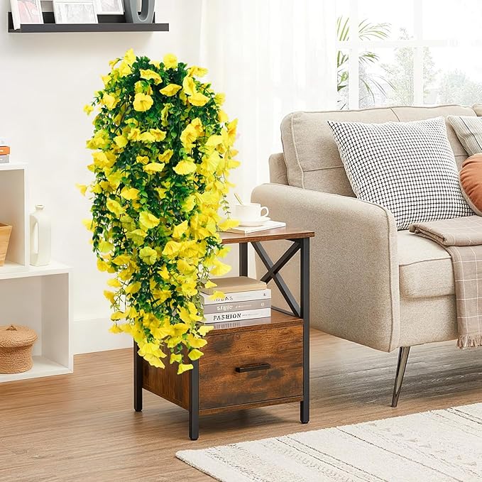 4-Pack Fake Hanging Plants, Faux Hanging Plant Artificial Greenery for Living Room Bedroom Boho Wall Shelf Indoor Outdoor Decor (Yellow Morning Glory)