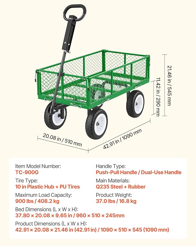 VEVOR 900 LBS Steel Garden Cart, 2 in 1 Handle, Heavy Duty Pullable Garden Wagon with 10" Flat-Free Tires, Outdoor Utility Yard Wagon Cart with Detachable Side Panels, Attach to ATV or Tractor