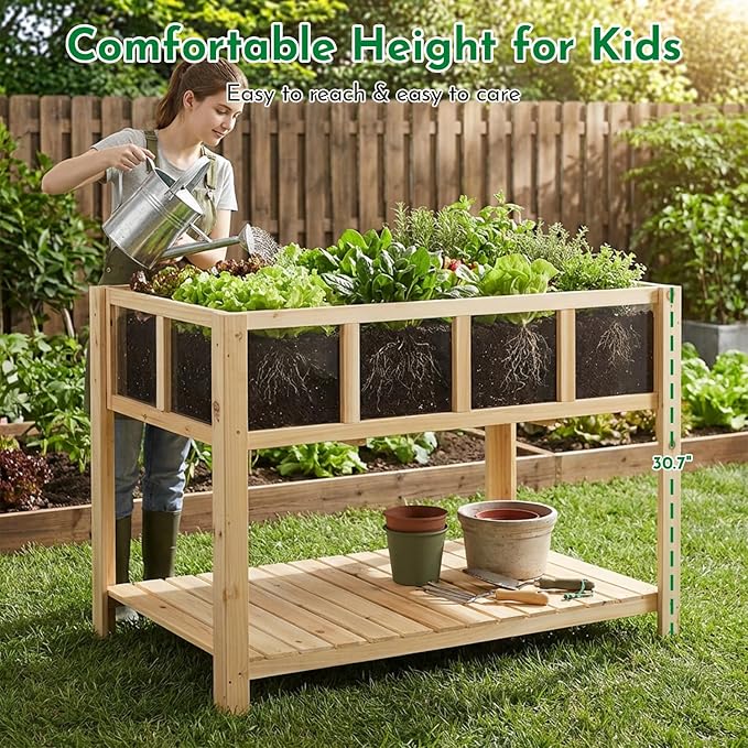 ketive Raised Garden Bed with Transparent Acrylic Panels, Elevated Wooden Raised Garden Bed Planter, Fir Wood Outdoor Planter Box for Herbs, Flowers & Patio Balcony Gardening (Natural)