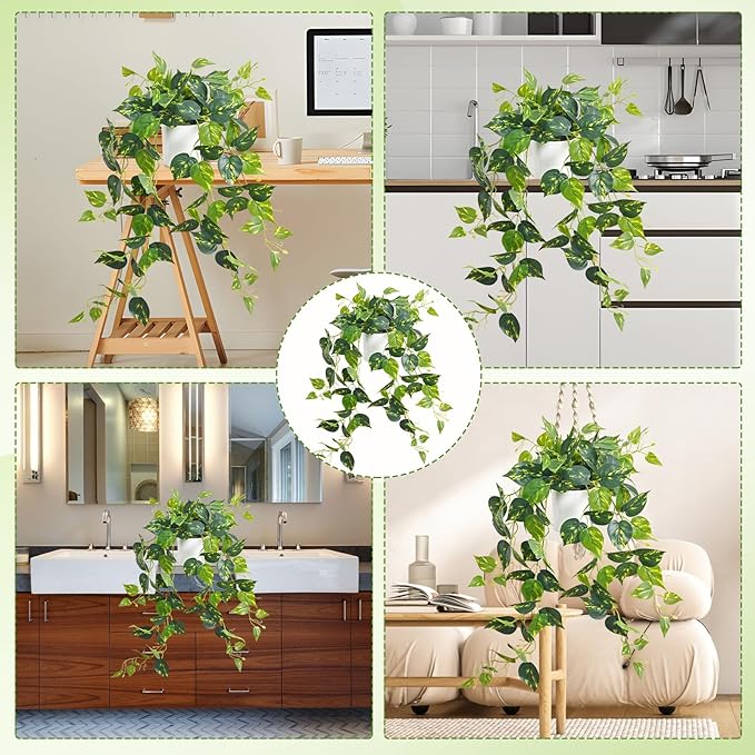Waipfaru Fake Plants Artificial Plants Indoor, 2Pcs 34" Realistic Artificial Hanging Fake Pothos Vines Ivy Potted, Faux Pothos for Living Room Office Bedroom Bathroom Kitchen Shelves Indoor Home Decor