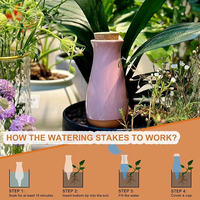 4 Packs Ollas Plant Watering Globes, 12 Oz Terracotta Self Watering Planter Insert, Automatic Watering Devices, Clay Drip Irrigation Stake for Indoor & Outdoor Plant, 1 Week Easy to Refill(Multicolor)