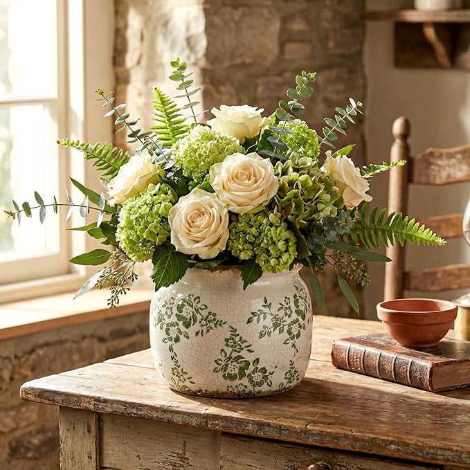 Vintage Planter Large Ceramic Plants Pot Green Beige Vintage Ditsy Ice Crack Cottage Scroll Vase Flower Vase Pot Indoor Plants Home Kitchen Decor Farmhouse Antique Decorative Gifts