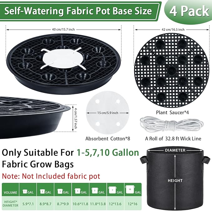 4 Pack 16.5'' Self-Watering Fabric Pot Base - Auto-Irrigation System Plant Saucer for 10 Gallon Fabric Pot, Auto Watering Plant Water Tray Self Watering System for Indoor Greenhouse Grow Tent Garden