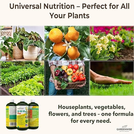 GARDENWISE 10-10-10 All Purpose Plant Food - Liquid Fertilizer with Seaweed Kelp & Iron - Indoor & Outdoor Plant Food, Vegetables, Flowers, Lawn & Garden 1x16 oz
