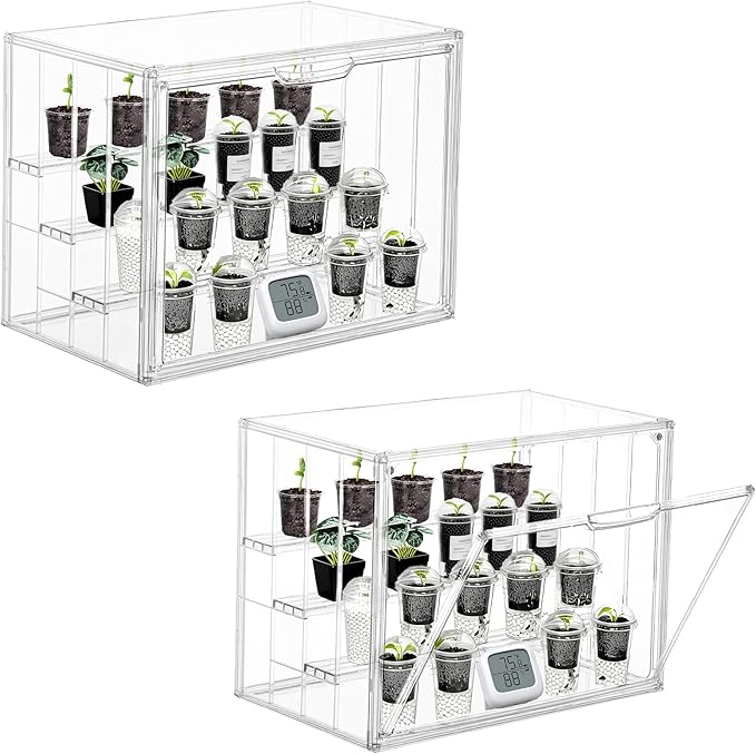 Clear Mini Greenhouse Indoor, 2 Pack Small Portable Tabletop Green House with Magnetic Door for Seed Starting, Plant Grow Warmer and Home Gardening Display