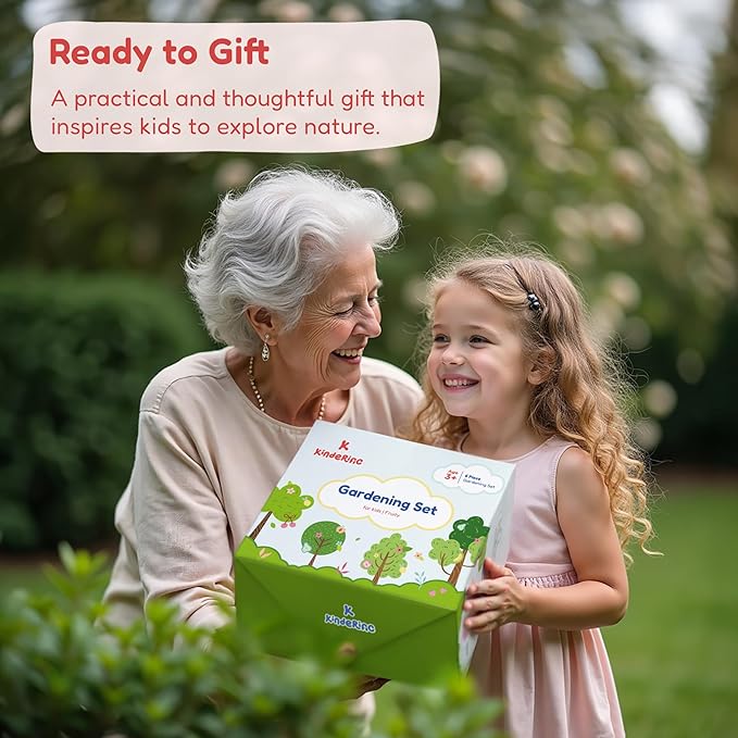 Kinderific Gardening Set, Tool Kit, for Kids, STEM, Includes Tote Bag, Spade, Watering Can, Rake, Fork, Trowel and Gloves, Fruity