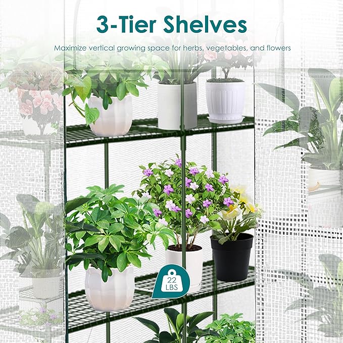 Twira Greenhouse for Outdoors, 48" x 73.2" x 74.8" Walk in Plant Greenhouses Heavy Duty with Thicken PE Cover, 3 Tiers 8 Shelves Greenhouse Plastic, Portable Green House for Outside, Patio, Gardening