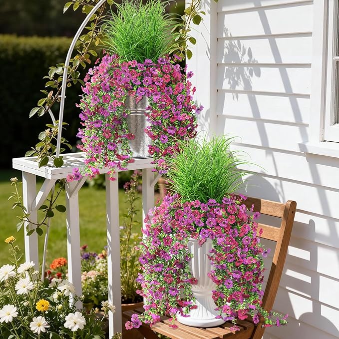 Artificial Hanging Flowers with Wheat Grass for Outdoors, 5 Pcs Fake Hanging Plants for Spring Decor, UV Resistant Faux Silk Flower Greenry for Planter Porch Patio Yard Garden(Light Purple Red)