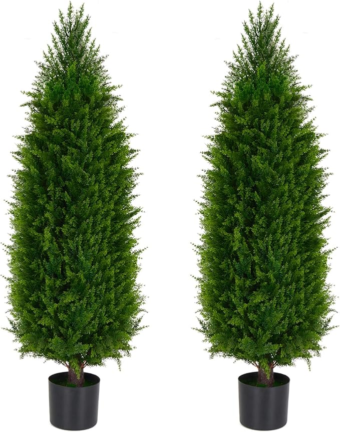 4FT Artificial Cedar Pine Tree UV Resistant Faux Evergreen Tree for Indoor Outdoor Front Porch Entryway Patio Decor Maintenance-Free Fake Greenery