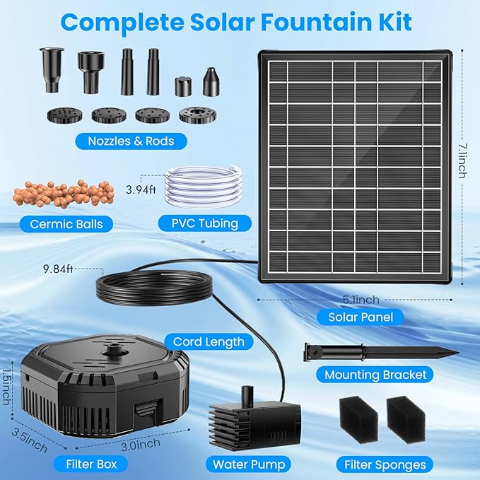 Antfraer 7W Solar Fountain Pump with 3600mAh Battery Backup & Pond Filter, Solar Water Fountain Pump with 8 Nozzles & PVC Tubing, Solar Fountain for Bird Bath, Small Ponds, Waterfall, Hydroponics