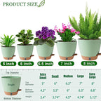 Self Watering Pots for Inoor Ourdoor Plants 8/7/6.5/6/5 Inch Plastic Planters with Drainage Holes & Water Level Indicator, Decorative House Flower Nursery Planting Pots with Saucers(Green)