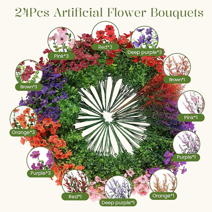 SHareconn 24 Bundles Artificial Flowers for Outdoors Decoration, Faux Plants Fake Silk Colorful Daisy Eucalyptus Lavender, UV Resistant for Outside Home Porch Indoor Spring Decor, 6 Colors incl. Brown
