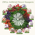 SHareconn 24 Bundles Artificial Flowers for Outdoors Decoration, Faux Plants Fake Silk Colorful Daisy Eucalyptus Lavender, UV Resistant for Outside Home Porch Indoor Spring Decor, 6 Colors incl. Brown