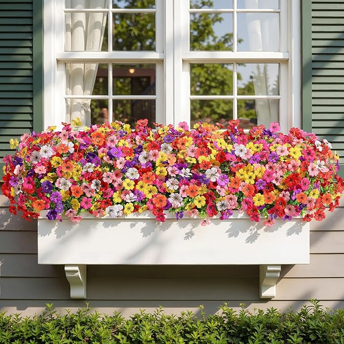 Alupssuc 32 Bundles Artificial Flowers for Outdoors Decoration, UV Resistant Silk Faux Daisy Flora Spring Fake Plastic Plants Greenery for Outside Indoor Yard Home Porch Window Box Decor, Mix 8 Colors