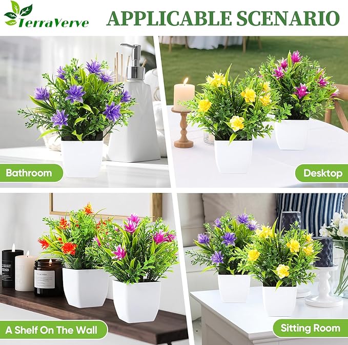 TerraVervre Fake Plants 4 Packs,Small Artificial Plants with Flowers, for Bathroom, Office,Home,Conference Table Decor, Indoor Desk Decor