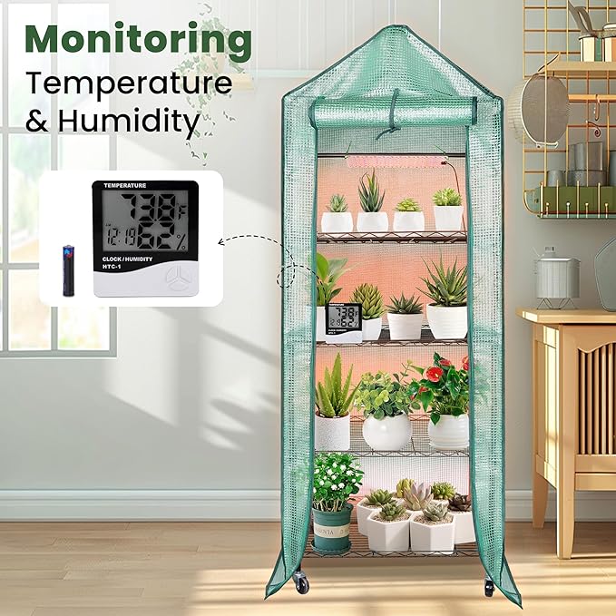 DazSpirit Mini Indoor Greenhouse with Grow Light, Portable 4-Tier Plant Stand with PVC Cover, Adjustable Shelves & Thermohygrometer for Seed Starting & Plant Growth, 70 x 23 x 19'', 32W Grow Light