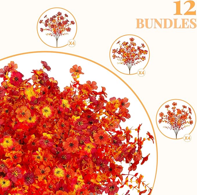 INXUGAO Artificial Fake Mums Fall Flowers for Outdoor Outside Decoration 12 Bundles Faux Silk Flowers Plants Realistic Daisy UV Resistant Fall Décor Autumn Front Door Porch Patio Yard Decoration