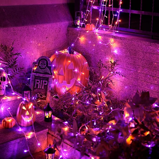 JMEXSUSS 600 LED Halloween String Lights Outdoor, Orange and Purple Halloween Lights Clear Wire, Twinkle String Lights Plug in for Tree Christmas Decorations