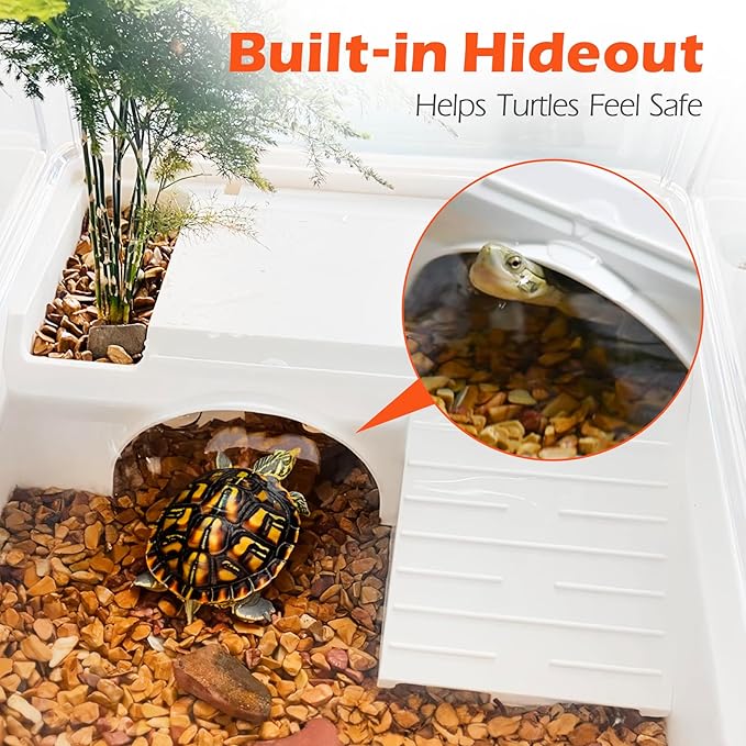 AZV Turtle Tank Starter Habitat Kit,Complete Aquatic Terrarium Enclosure with Filter,Basking Platform with Hideout,Multi-Function Area,Drainage,Plants and Lamps,Perfect for Red Eared Slider Aquarium