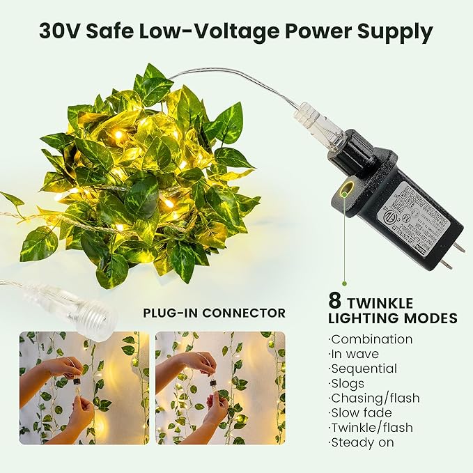 HEYFUNi Vines with Lights, 23 Ft 73 Led Faux Pothos String Lights Plug in, Leaf Lights for Bedroom, Wall, Balcony, Wedding Decor, Warm White