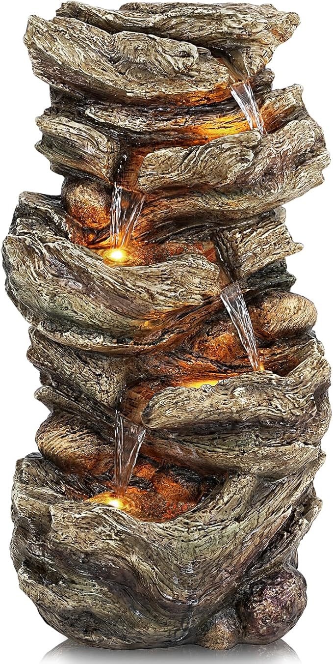 Jocoevol 32" High Outdoor Water Fountain, 5-Tiers Cascading Rock Waterfall Fountain with LED Lights for Garden, Patio, Yard Decor, Soothing Tranquility for Any Outdoor Living Space