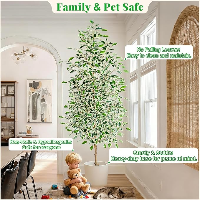 Bailikang 7FT Artificial Ficus Trees Indoor Faux Trees Indoor Fake Floor Plants Tall Artificial Tree with White Pot Faux Tree Fake Indoor Tree Silk Plants Artificial Trees for Home Decor Indoor